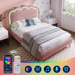 ModernLuxe Upholstered children's bed with adjustable headboard + LEDs in Pink - Size: Single - thumbnail 3