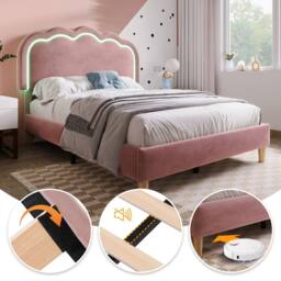 ModernLuxe Upholstered children's bed with adjustable headboard + LEDs in Pink - Size: Single - thumbnail 4