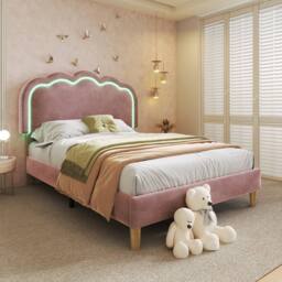 ModernLuxe Upholstered children's bed with adjustable headboard + LEDs in Pink - Size: Single - thumbnail 7