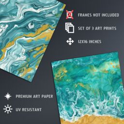 "Artery8 Set of 3 Abstract Marble Sea Sand Shore Seascapes A4 Size Art Prints in Teal - Size: W12"" x H16""" - thumbnail 4