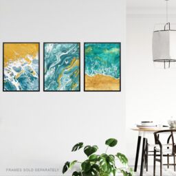 "Artery8 Set of 3 Abstract Marble Sea Sand Shore Seascapes A4 Size Art Prints in Teal - Size: W12"" x H16""" - thumbnail 3