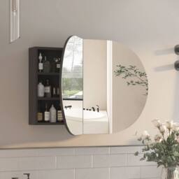 KEEPREAPER Black Oval Bathroom Mirror Cabinet 96x60cm 2 Butterfly Doors 5 Storage - Size: 96x60 cm - thumbnail 9