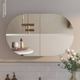 KEEPREAPER Black Oval Bathroom Mirror Cabinet 96x60cm 2 Butterfly Doors 5 Storage - Size: 96x60 cm - thumbnail 8