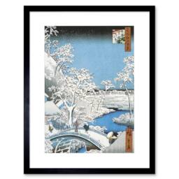 "Artery8 Painting Japanese Woodblock Winter Bridge Over River Framed Art Print in Blue - Size: W12"" x H16""" - thumbnail 1