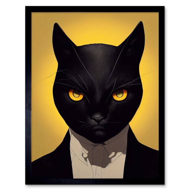 "Artery8 Wall Art Print Le Chat Noir Black Cat Tuxedo Yellow Portrait Art Framed - Size: W12"" x H16""" - image 1