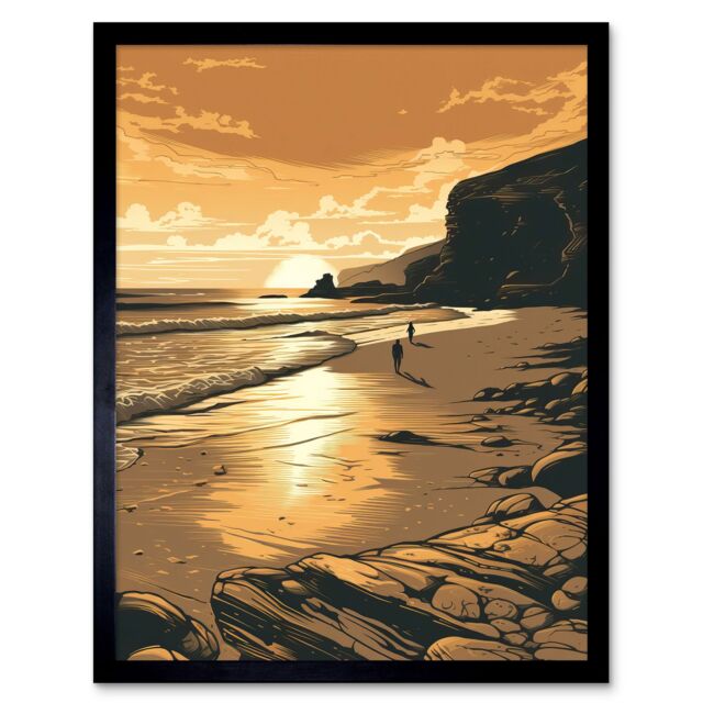 "Artery8 Wall Art Print Couple walking on the Beach at Sunset Art Framed in Black - Size: W12"" x H16""" - image 1