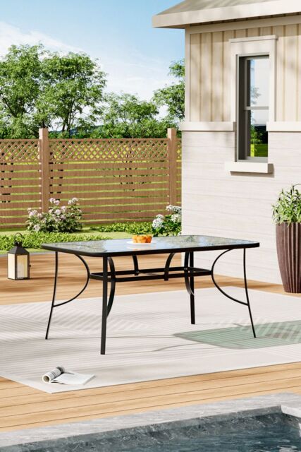 Living and Home Rectangular Glass Top Garden Dining Table, Steel Tempered Glass Table w/ Parasol Hole for Patio, Balcony, Backyard, Poolside