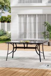 Living and Home Rectangular Glass Top Garden Dining Table, Steel Tempered Glass Table w/ Parasol Hole for Patio, Balcony, Backyard, Poolside - thumbnail 2