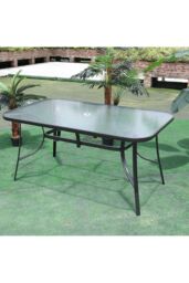 Living and Home Rectangular Glass Top Garden Dining Table, Steel Tempered Glass Table w/ Parasol Hole for Patio, Balcony, Backyard, Poolside - thumbnail 3