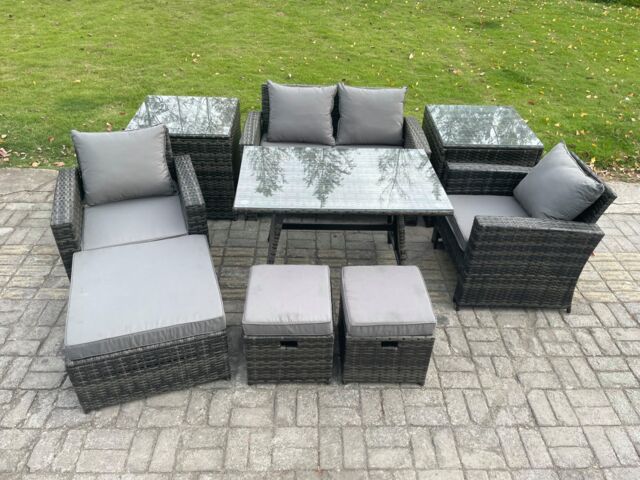 Fimous Rattan Wicker Garden Furniture Patio Conservatory Sofa Set with Rectangular Dining Table Armchair 2 Seater Sofa in Dark Grey
