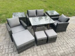 Fimous Rattan Wicker Garden Furniture Patio Conservatory Sofa Set with Rectangular Dining Table Armchair 2 Seater Sofa in Dark Grey - thumbnail 2