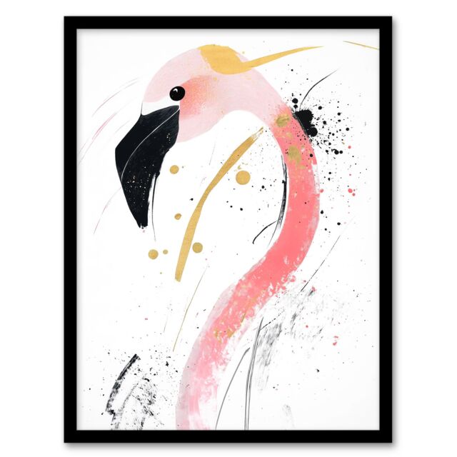 "Artery8 Flamingo Bird Black Pink Gold Modern Abstract Framed Art Print - Size: W12"" x H16""" - image 1