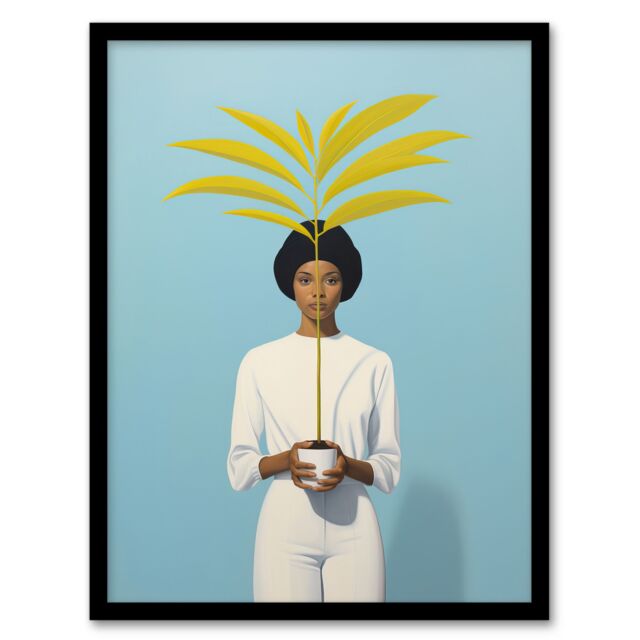 Artery8 Wall Art Print Presenting The Kentia Palm Simple Minimalist White On Blue Artwork Painting Art Framed in Black - Size: A4 - image 1