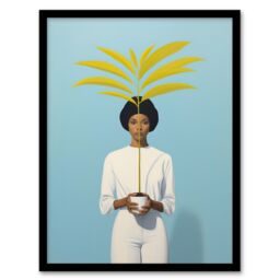 Artery8 Wall Art Print Presenting The Kentia Palm Simple Minimalist White On Blue Artwork Painting Art Framed in Black - Size: A4 - thumbnail 1