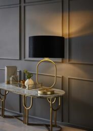 ValueLights Antonia Black Velvet & Gold Drum Shade Brushed Gold Oval Table Lamp & LED Bulb