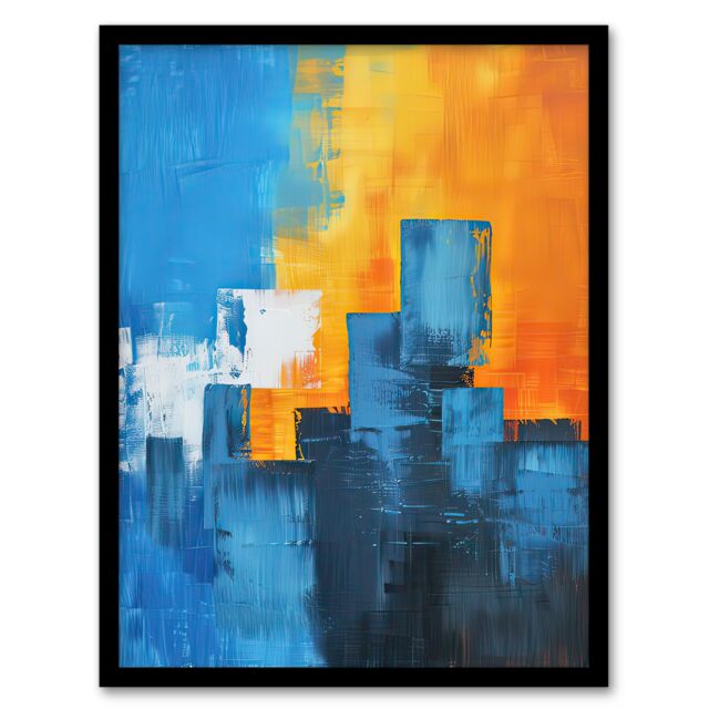 Artery8 Blue Orange Squares Abstract Cityscape Sunrise Framed Art Print - Size: A4 - image 1