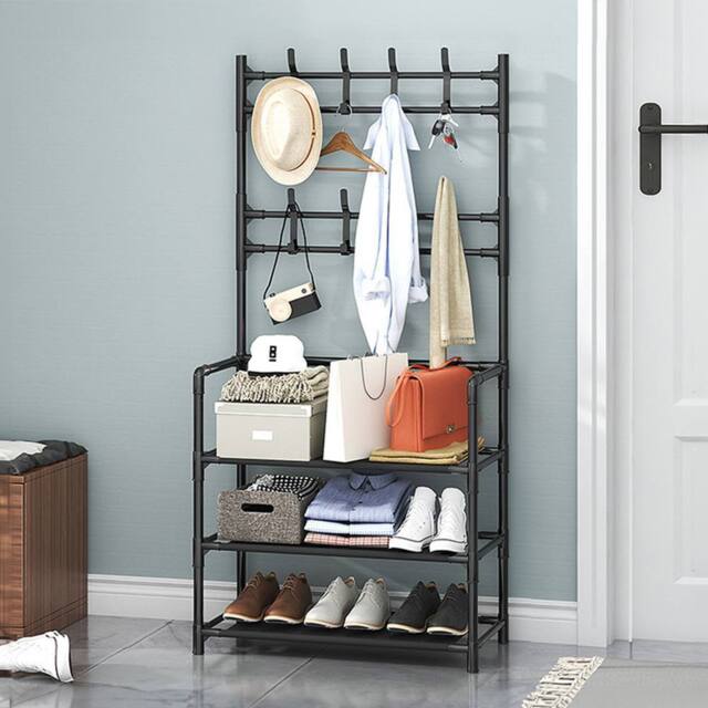 Living and Home 3-Tier Shoe Rack with Coat Hanger 60cm W x 140cm H Garmen Rack Coat Rack in Black - Size: Small - image 1