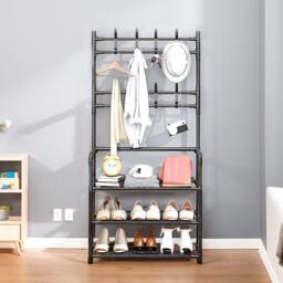 Living and Home 3-Tier Shoe Rack with Coat Hanger 60cm W x 140cm H Garmen Rack Coat Rack in Black - Size: Small - thumbnail 5