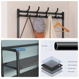 Living and Home 3-Tier Shoe Rack with Coat Hanger 60cm W x 140cm H Garmen Rack Coat Rack in Black - Size: Small - thumbnail 7