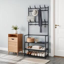 Living and Home 3-Tier Shoe Rack with Coat Hanger 60cm W x 140cm H Garmen Rack Coat Rack in Black - Size: Small - thumbnail 4