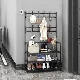 Living and Home 3-Tier Shoe Rack with Coat Hanger 60cm W x 140cm H Garmen Rack Coat Rack in Black - Size: Small - thumbnail 3