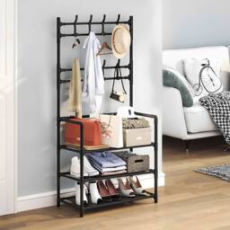 Living and Home 3-Tier Shoe Rack with Coat Hanger 60cm W x 140cm H Garmen Rack Coat Rack in Black - Size: Small - thumbnail 2