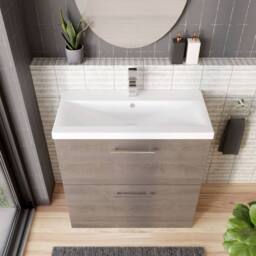 Balterley Contemporary Bathroom Floor Standing 2-Drawer Vanity Unit & Mid-Edge Ceramic Basin, Solace Oak, 800 mm in Brown - thumbnail 3