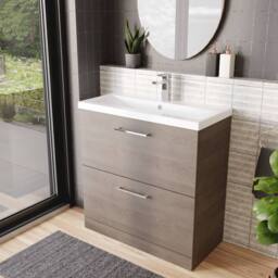 Balterley Contemporary Bathroom Floor Standing 2-Drawer Vanity Unit & Mid-Edge Ceramic Basin, Solace Oak, 800 mm in Brown - thumbnail 4