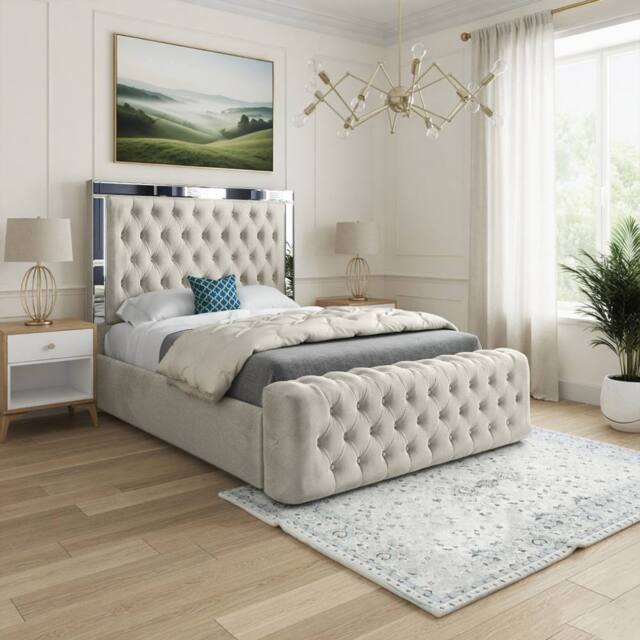 Casani Zennor Mirror Upholstered Beige Soft Velvet Designer Bed Frame in Cream - Size: Single - image 1
