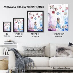 "Artery8 Alice Wonderland Mad Hatter Tea Party Watercolour Framed Art Print in Blue - Size: W12"" x H16""" - thumbnail 3