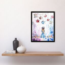 "Artery8 Alice Wonderland Mad Hatter Tea Party Watercolour Framed Art Print in Blue - Size: W12"" x H16""" - thumbnail 4
