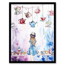 "Artery8 Alice Wonderland Mad Hatter Tea Party Watercolour Framed Art Print in Blue - Size: W12"" x H16""" - thumbnail 1
