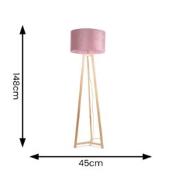 ValueLights Lottie Natural Wood Tripod Floor Lamp with Velvet Drum Shade in Pink - thumbnail 4
