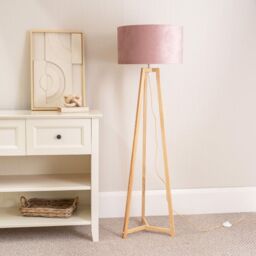 ValueLights Lottie Natural Wood Tripod Floor Lamp with Velvet Drum Shade in Pink - thumbnail 3