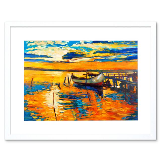 "Artery8 Wall Art Print Boat by The Dock at Sunset Art Framed 9x7 inch in White - Size: W7"" x H9""" - image 1