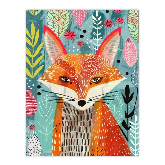 "Artery8 Devious Fox in Garden Folk Art Pattern Design Wall Art Print - Size: W24"" x H32""" - image 1