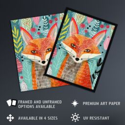 "Artery8 Devious Fox in Garden Folk Art Pattern Design Wall Art Print - Size: W24"" x H32""" - thumbnail 2