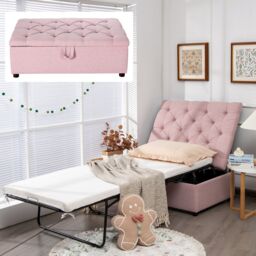 Gymax Convertible Sofa Bed Folding Ottoman Sleeper Space Saving Lounger in Pink - thumbnail 1