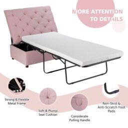 Gymax Convertible Sofa Bed Folding Ottoman Sleeper Space Saving Lounger in Pink - thumbnail 2
