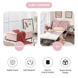 Gymax Convertible Sofa Bed Folding Ottoman Sleeper Space Saving Lounger in Pink - thumbnail 6