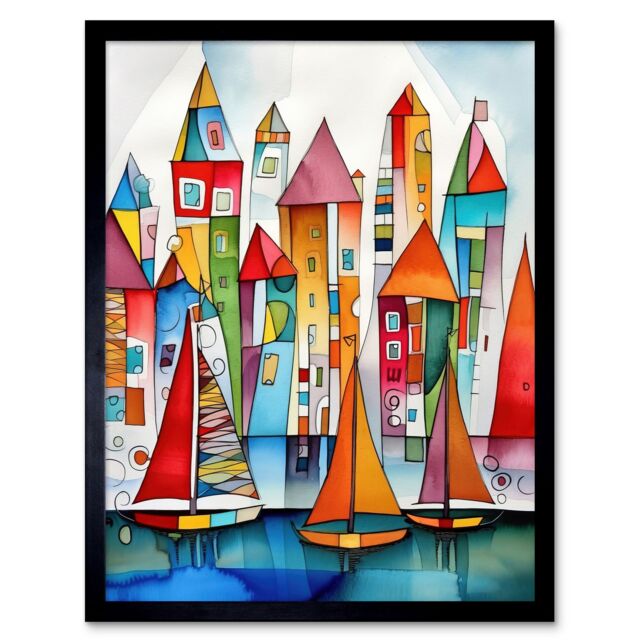 "Artery8 Wall Art Print Modern Marina Colourful Port Folk Art Watercolour Painting Art Framed in Black - Size: W12"" x H16""" - image 1