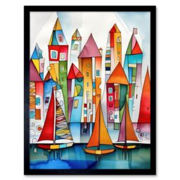 "Artery8 Wall Art Print Modern Marina Colourful Port Folk Art Watercolour Painting Art Framed in Black - Size: W12"" x H16""" - thumbnail 1