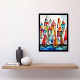 "Artery8 Wall Art Print Modern Marina Colourful Port Folk Art Watercolour Painting Art Framed in Black - Size: W12"" x H16""" - thumbnail 2