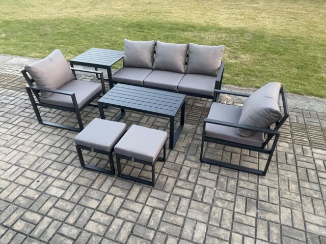 Fimous Aluminium Patio Outdoor Furniture Set 7 Seater Garden Sofa with Oblong Coffee Table 2 Small Footstools 2 Armchairs Side Table Dark Grey - image 1