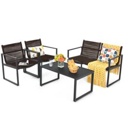 Costway 4PCS Garden Patio Table & Chair Set Outdoor Conversation Furniture Metal Frame in Black
