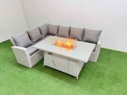 Fimous 6 Seat Rattan Garden Furniture Corner Sofa Set Outdoor Gas Fire Pit Table Sets Light Grey - thumbnail 2