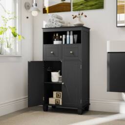 Costway Bathroom Floor Storage Cabinet Modern Storage Organizer w/Drawers in Black - thumbnail 7