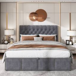 BTM Upholstered bed, functional storage bed, rivet decoration, velvet in Grey - Size: King - thumbnail 3