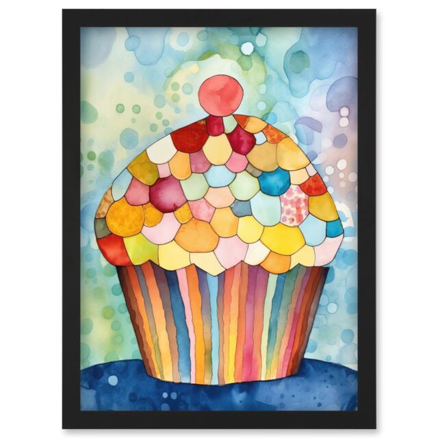 Artery8 Rainbow Pattern Cupcake Folk Art Watercolour Painting Artwork Framed Wall Art Print A4 in Black - image 1