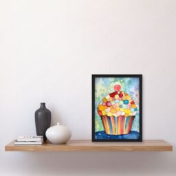 Artery8 Rainbow Pattern Cupcake Folk Art Watercolour Painting Artwork Framed Wall Art Print A4 in Black - thumbnail 2